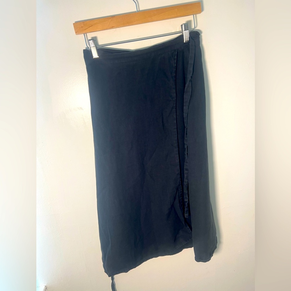 Beautiful 100% Linen Black Wrap Midi Skirt